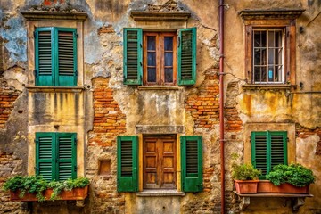 Wall Mural - Italy Old House Closed Windows - Rustic Architectural Detail Stock Photo