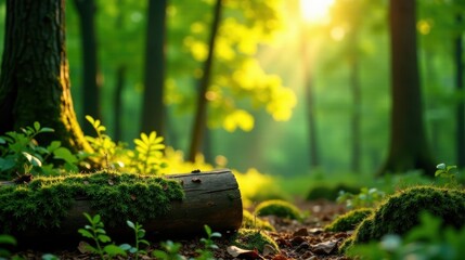 Poster - Serene Sunlight Filtering Through Lush Forest Canopy, Illuminating Mossy Log
