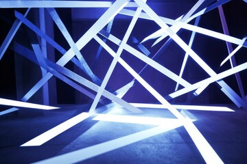 Poster - Intricate Arrangement of Dynamic Light Beams and Shadows in a 3D Space Creating a Futuristic and Abstract Environment for Creative Projects