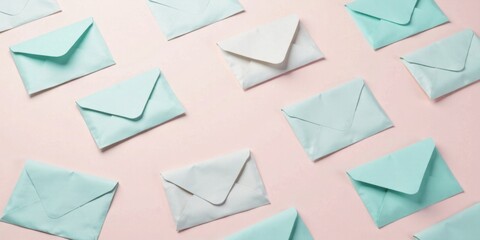 Poster - Pastel Envelopes Arranged in a Repetitive Pattern on a Soft Pink Background