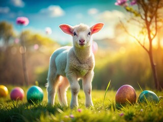 Wall Mural - Joyful Easter Lamb in Sunny Field - Cute Springtime Stock Photo