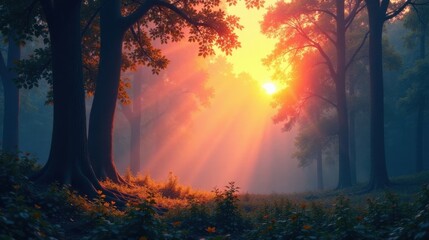 Poster - Golden Sunrise Rays Illuminating a Misty Forest Scene
