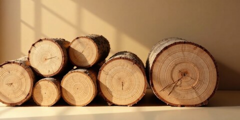 Aufkleber - Sunlit Stack of Wooden Logs, Showing Natural Rings and Texture