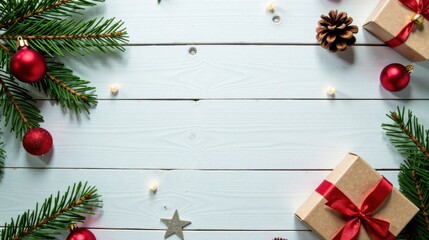 Poster - Festive Holiday Background with Gifts, Ornaments, and Evergreen Branches on White Wood