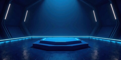 Aufkleber - Futuristic Blue Hexagonal Platform in a Dark Room with Neon Lighting