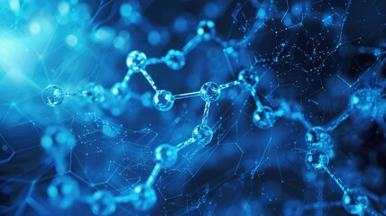 Poster - Vivid blue background featuring a molecular pattern that represents scientific research and innovation. Ideal for technology and science-related projects.