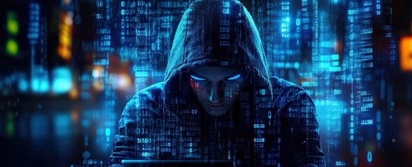 Aufkleber - Hacker in Dark Hoodie Cybersecurity Vulnerability Log4J Floating Data Streams and Binary Code in Futuristic Cyberpunk Environment
