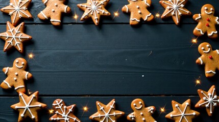 Aufkleber - Festive Gingerbread Men and Star Cookies Frame on Dark Wood