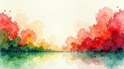 Poster - Watercolor Landscape Painting of a Serene Lakeside Sunset with Vibrant Colors and Reflections