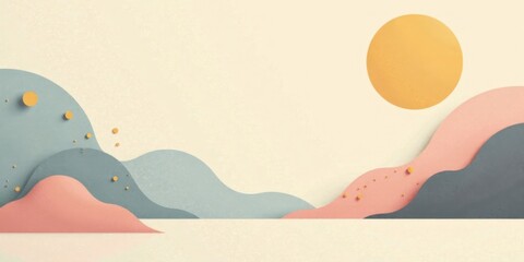 Fototapete - Abstract Pastel Landscape with Floating Shapes and a Large Sun