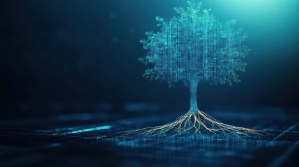 Poster - A conceptual data tree with roots entangled in code, depicting the vulnerability of digital ecosystems