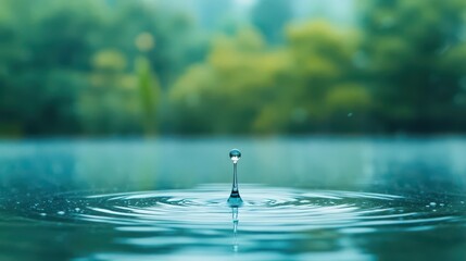 Poster - A drop of water rippling in a calm pond, with an unobtrusive background for text, serene and elegant