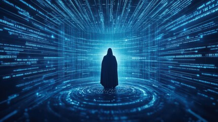Poster - Individual Standing Confidently Against Futuristic Digital Background Emphasizing Technology Innovation and Human Connection in Modern Society