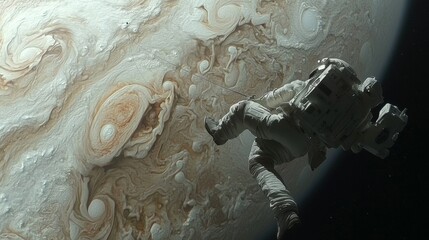 Wall Mural - Astronaut Floating in Space Near the Colorful Surface of Jupiter with Swirling Clouds and Atmospheric Details