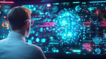 Fototapete - Focused Man Engaged with Computer Screen Surrounded by Futuristic Technology Symbols Creating an Innovative and Forward-Thinking Atmosphere