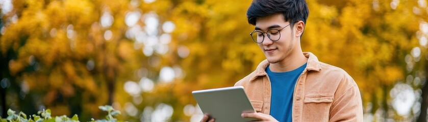 Poster - Young Man Wearing Glasses Engrossed in Using a Tablet in a Cozy Indoor Setting with Soft Lighting Creating a Relaxed and Thoughtful Atmosphere