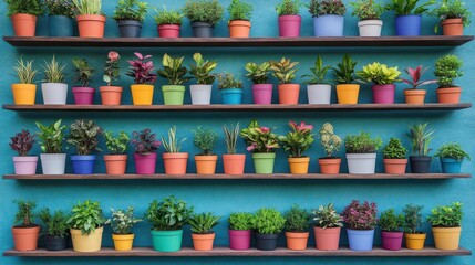 Aufkleber - Vibrant Display of Diverse Potted Plants on a Wall Showcasing Greenery in an Urban Space Creating a Lively and Inviting Atmosphere for Nature Lovers