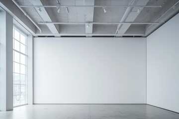 Aufkleber - A large white wall in an empty modern art gallery with a concrete floor and ceiling, and a window on the left side. The clean, bright space is ideal for showcasing artwork or displaying advertising