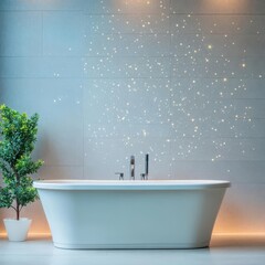 Aufkleber - Elegant Bathtub with Lush Green Plant Creating a Tranquil Spa Atmosphere Ideal for Relaxation and Rejuvenation in a Modern Home Bathroom Setting