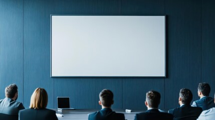 Poster - Business team in a boardroom discussing strategies, wallmounted blank screen for text, professional tone, realistic photo