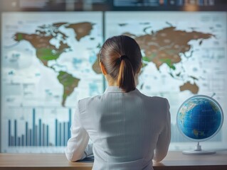 Poster - Focused Woman at Desk Studying World Map Surrounded by Books and Stationery Creating an Introspective and Inspirational Atmosphere for Exploration