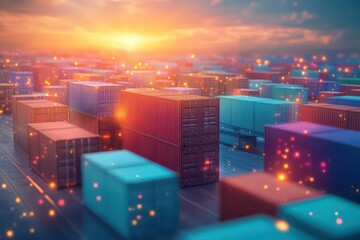 Poster - Vast Array of Shipping Containers Stacked in Neat Rows at a Busy Port Highlighting Global Trade and Logistics Operations Under a Clear Blue Sky