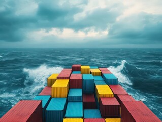 Poster - Majestic Container Ship Navigating Through Vast Ocean Waters Under a Clear Blue Sky Symbolizing Global Trade and Maritime Adventure in Open Sea