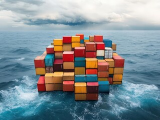Poster - Containers in motion within an industrial maritime landscape, stormy sea backdrop, dramatic lighting contrasts, wide-angle lens