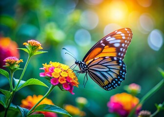 Wall Mural - Long Exposure Butterfly on Flower, Vibrant Green Nature Background, Macro Photography