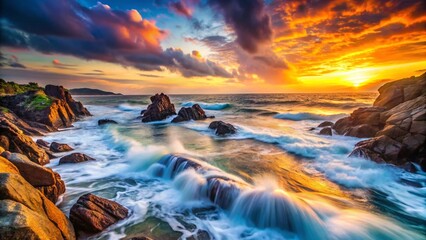 Wall Mural - Long Exposure Coastal View: Dramatic Ocean Waves Crashing on Rocky Shore at Sunset