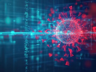 Poster - Vibrant Red and Blue Abstract Background Featuring a Central Sphere Creating a Dynamic and Engaging Visual Composition for Creative Projects and Designs