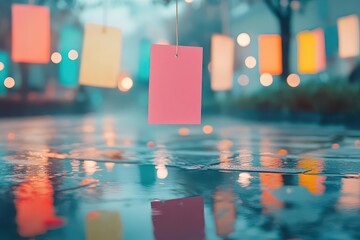 Leinwandbilder - A Delicate Pink Paper Card Gently Swinging from a String Under a Soft Rainy Atmosphere Evoking Nostalgia and Serenity in a Quiet Urban Setting