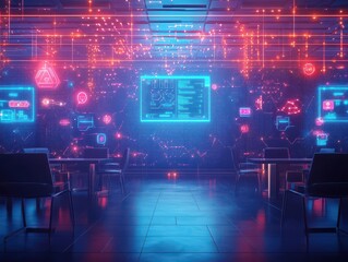 Poster - Digital connectivity theme thrives in a futuristic cafe, soft ambient lighting, perspective angled up to the ceiling displays