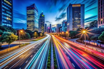 Wall Mural - Long Exposure Light Trails Cityscape at Night, Urban Scene, Dynamic Streaks