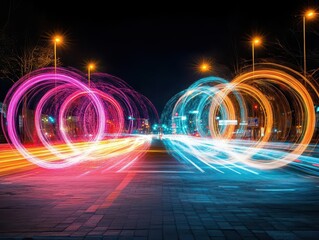 Poster - Vibrant Light Trails Illuminating Urban Landscape at Night Showcasing City Life Energy and Motion in an Enchanting and Dynamic City Scene