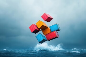 Poster - Vibrant Ocean Scene Featuring a Collection of Colorful Containers Drifting Calmly on the Water Surface Under a Clear Blue Sky in a Tranquil Setting