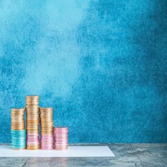 Poster - Stack of Shiny Coins on Crisp White Paper Set Against a Soft Blue Background Creating a Calm and Minimalistic Still Life Composition of Wealth