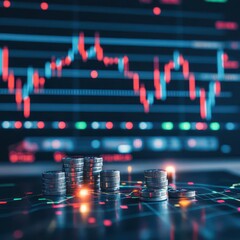 Aufkleber - Stack of Coins on a Wooden Table Reflecting Financial Growth with a Stock Chart in the Background Symbolizing Investment and Economic Prosperity