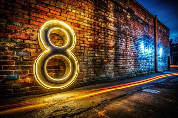 Wall Mural - Long Exposure Photography: Glowing Number Eight on Brick Wall