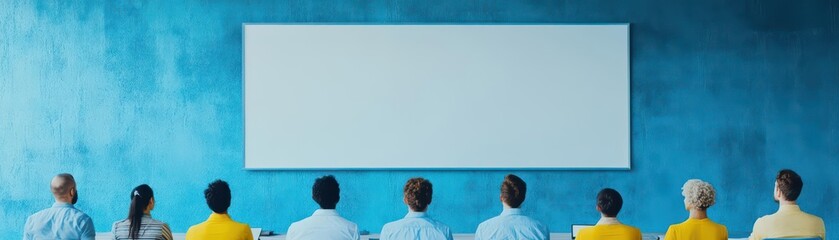 Poster - Professional Meeting Room with Attentive Group Engaged in Discussion Around Table while Blank Screen Awaits Presentation in Modern Office Environment