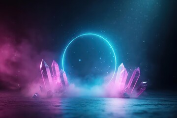 Aufkleber - Vibrant Neon Circle on Dark Background Surrounded by Radiant Pink and Blue Rings Creating a Futuristic and Energetic Visual Experience in Abstract Art
