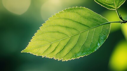 Sticker - Close-up of a vibrant green leaf, detailed veins visible. Perfect for nature, spring, or eco-friendly themes.