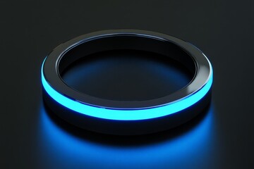 Poster - Sleek Circular Object with Glowing Blue Edge on Dark Surface, Perfect for Futuristic Designs and Contemporary Aesthetic Appeals, Modern Technology Inspiration