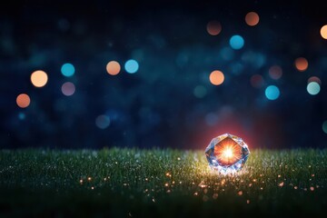 Poster - Enchanting Crystal Ball Resting on Lush Green Grass Surrounded by Glowing Bokeh Lights Creating a Magical and Dreamy Atmosphere at Dusk