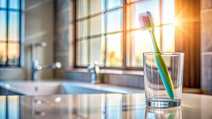 Wall Mural - Long Exposure Photo of Toothbrush in Glass on Bathroom Counter - Minimalist Hygiene Stock Image