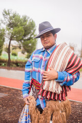 Ecuadorian chagra wearing traditional clothes for independence day celebration. Dia hispanidad