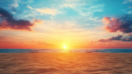 Poster - Breathtaking Sunset on Tranquil Beach with Vibrant Orange and Pink Skies Reflecting on Gentle Ocean Waves Creating a Peaceful Evening Atmosphere