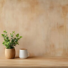 Aufkleber - Elegant Green Plant in a Minimalist White Vase on a Rustic Wooden Table Creating a Fresh and Inviting Atmosphere for Home Decor and Aesthetic