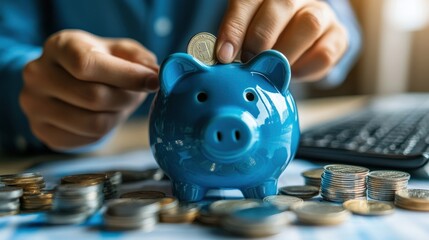 A man drops coins into a blue piggy bank, symbolizing the act of saving and financial responsibility. represents financial planning, budgeting, and the commitment to building a stable future