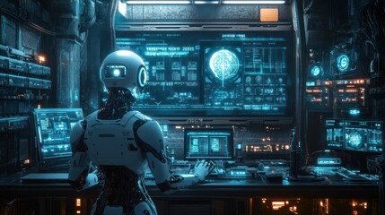 Poster - Futuristic robot monitoring global data on screens.